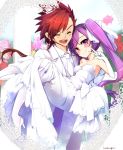  1boy 1girl ^_^ aisha_(elsword) artist_name bangs bare_shoulders blurry bow breasts bridal_veil bride carrying cleavage closed_eyes closed_mouth collared_shirt couple cross cross_earrings depth_of_field dimension_witch_(elsword) dress dress_shirt earrings elbow_gloves elsword elsword_(character) eyebrows eyebrows_visible_through_hair floating_hair formal garden gloves hair_between_eyes hair_ribbon happy heart hetero high_heels highres infinity_sword_(elsword) jacket jewelry kuroshio_maki lace_border light_particles long_dress long_hair long_sleeves looking_at_viewer medium_breasts necktie open_mouth pants pantyhose princess_carry purple_hair railing redhead ribbon sash shirt shoes smile standing strapless strapless_dress swept_bangs tuxedo twintails v veil very_long_hair violet_eyes wedding wedding_dress white_bow white_dress white_gloves white_jacket white_legwear white_necktie white_pants white_ribbon white_shirt white_shoes 