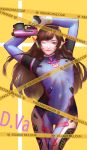  1girl ;) armor arms_up bangs bodysuit breasts brown_eyes brown_hair bunny_print caution_tape closed_mouth contrapposto covered_navel cowboy_shot d.va_(overwatch) facepaint facial_mark gloves gun handgun headphones high_collar holding holding_gun holding_weapon lipstick long_hair looking_at_viewer makeup one_eye_closed overwatch pauldrons pilot_suit pink_lips sang_nya shoulder_pads small_breasts smile solo thigh_gap thigh_strap turtleneck weapon whisker_markings white_gloves 