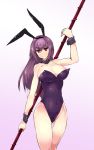  1girl animal_ears bunnysuit depo_(typebaby505) fate/grand_order fate_(series) highres long_hair purple_hair rabbit_ears red_eyes scathach_(fate/grand_order) solo staff wrist_cuffs 