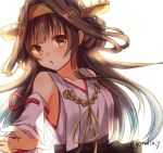  1girl backlighting bangs bare_shoulders breasts brown_hair collarbone detached_sleeves double_bun emilion eyebrows eyebrows_visible_through_hair gradient_hair headgear kantai_collection kongou_(kantai_collection) long_hair long_sleeves looking_at_viewer medium_breasts multicolored_hair nontraditional_miko open_mouth ribbon simple_background sleeveless solo twitter_username two-tone_hair upper_body white_background yellow_eyes yellow_ribbon 