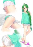  1girl 2016 adjusting_hair all_fours ama_mitsuki ass braid dated green_eyes green_hair kantai_collection long_hair looking_at_viewer lying mole mole_under_mouth multiple_views on_side panty_peek short_shorts shorts signature simple_background single_braid sketch slippers upshorts very_long_hair whale_tail white_background yuugumo_(kantai_collection) 