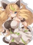  1girl bare_shoulders black_legwear blonde_hair blue_eyes blush breasts covered_nipples gene_(pso2) green_hair large_breasts long_hair multicolored_hair one_eye_closed phantasy_star phantasy_star_online_2 simple_background solo tail thigh-highs twintails two-tone_hair white_background wince yamaarashi 