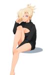  1girl alternate_costume barefoot black_sweater blonde_hair blue_eyes breasts citadeloli cleavage cleavage_cutout dress eyelashes hair_ornament hair_tie hand_to_head large_breasts legs long_hair looking_at_viewer mercy_(overwatch) one_leg_raised open-chest_sweater overwatch ponytail ribbed_sweater short_hair sitting solo sweater sweater_dress turtleneck 