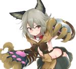  1girl animal_ears blush claw_(weapon) collar entitled_2_bass fangs granblue_fantasy grey_hair highres long_hair looking_at_viewer sen_(granblue_fantasy) skirt smile solo weapon 