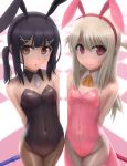  2girls animal_ears arms_behind_back bare_shoulders black_hair blush brown_eyes bunny_girl bunnysuit commentary_request covered_navel detached_collar fake_animal_ears fate/kaleid_liner_prisma_illya fate_(series) hair_ornament hairclip highres illyasviel_von_einzbern leotard long_hair looking_at_viewer miyu_edelfelt multiple_girls open_mouth pantyhose rabbit_ears red_eyes siraha standing twintails white_hair 