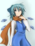  blue_dress blue_eyes blue_hair bow cirno cirno-nee dress hair_bow ice ice_wings konosuke_dagame long_hair long_sleeves looking_at_viewer scarf simple_background smile touhou wings 