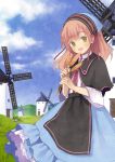  1girl :d blue_skirt brown_hair capelet clouds head_tilt holding looking_at_viewer open_mouth original outdoors polka_dot_skirt skirt sky smile solo tozaki_makoto wheat windmill yellow_eyes 