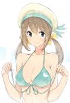  1girl amayu bare_shoulders bikini blue_eyes bow breasts brown_hair cleavage collarbone error_musume front-tie_top green_bikini hair_bow halterneck hat kantai_collection large_breasts long_hair low_twintails print_bikini smile solo sparkle swimsuit twintails upper_body 