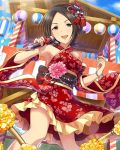  1girl alternate_costume artist_request black_hair bracelet brown_eyes detached_sleeves flower hair_flower hair_ornament idolmaster idolmaster_cinderella_girls japanese_clothes jewelry microphone official_art short_hair smile solo tougou_ai tree 