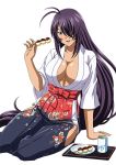  1girl black_hair breasts cleavage dango food hair_over_one_eye hakama ikkitousen japanese_clothes kan&#039;u_unchou large_breasts long_hair looking_at_viewer open_clothes open_shirt rin-sin shirt simple_background sitting solo wagashi white_background white_shirt 