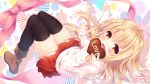  1girl :d black_legwear blonde_hair blush bow chocolate heart lewisia_2 long_hair open_mouth original petticoat pleated_skirt skirt smile solo thigh-highs valentine very_long_hair yellow_eyes zettai_ryouiki 