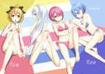  4girls barefoot bikini blonde_hair blue_eyes blue_hair bob_cut breasts brown_eyes collarbone crossed_legs emilia_(re:zero) feet felt_(re:zero) flan_(seeyouflan) hair_ribbon highres holding_hands legs long_hair looking_back lying multiple_girls navel on_back on_stomach pink_hair popsicle ram_(re:zero) re:zero_kara_hajimeru_isekai_seikatsu rem_(re:zero) ribbon short_hair side-tie_bikini small_breasts smile swimsuit toes white_bikini white_hair 