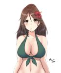  1girl amagi_(kantai_collection) arms_at_sides bare_shoulders breasts brown_eyes brown_hair cleavage eyebrows eyebrows_visible_through_hair flower flower_on_head hair_between_eyes hair_flower hair_ornament halter_top halterneck hibiscus highres kantai_collection large_breasts light_smile lips long_hair looking_at_viewer midriff mole mole_under_eye navel ponytail solo taka_(vert_320) upper_body 
