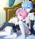  2girls :o alternate_legwear bed_sheet blue_eyes blue_hair bow breast_pillow breasts cleavage curtains detached_collar detached_sleeves dress frilled_dress frilled_sleeves frills garter_straps hair_ornament hair_over_one_eye haribote_(tarao) head_on_chest holding_hands indoors interlocked_fingers knee_up looking_at_viewer lying maid maid_headdress medium_breasts multiple_girls no_shoes on_bed on_side open_mouth pillow pink_hair ram_(re:zero) re:zero_kara_hajimeru_isekai_seikatsu red_eyes rem_(re:zero) ribbon-trimmed_clothes ribbon-trimmed_collar ribbon-trimmed_legwear ribbon-trimmed_sleeves ribbon_trim short_hair siblings sisters sitting smile thigh-highs twins underbust white_legwear x_hair_ornament 