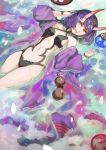  1girl :d breasts fang fate/grand_order fate_(series) floating gem gourd horns japanese_clothes kimono naro0427 navel off_shoulder open_clothes open_kimono open_mouth purple_hair sakazuki shuten_douji_(fate/grand_order) small_breasts smile solo tray violet_eyes water 