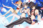  3girls :d ;d ^_^ ^o^ bare_arms bare_shoulders barefoot bikini bikini_skirt bison_cangshu black_bikini black_bow black_hair black_hat black_legwear black_ribbon blonde_hair blush bow breasts brown_bikini character_request cleavage closed_eyes clouds collarbone drill_hair flying foreshortening frills full_body hair_bow hair_ribbon hat holding_hands interlocked_fingers large_breasts leg_garter legs_apart legs_together long_hair looking_at_viewer maid_headdress medium_breasts multiple_girls navel one_eye_closed open_mouth outstretched_arms panzer_waltz peaked_cap petals red_bow red_eyes ribbon short_hair silver_hair smile spread_fingers stomach swimsuit thigh-highs twin_drills twintails very_long_hair white_bikini white_legwear yellow_eyes 