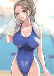  1girl brown_eyes brown_hair competition_swimsuit dtym highleg highleg_swimsuit highres long_hair one-piece_swimsuit original ponytail solo swimsuit towel 