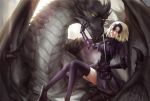  1girl armor armored_dress blonde_hair breasts dragon fate/apocrypha fate/grand_order fate/stay_night fate_(series) gauntlets headpiece highres jeanne_alter long_hair looking_at_viewer monster ruler_(fate/apocrypha) ruler_(fate/grand_order) smile solo sword thigh-highs tokikouhime weapon yellow_eyes 