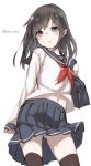  1girl :&lt; absurdres alternate_costume arms_behind_back asashio_(kantai_collection) bag black_hair black_legwear blue_eyes bookbag contrapposto eyes_visible_through_hair from_below hair_between_eyes highres kantai_collection katoroku long_hair long_sleeves miniskirt pleated_skirt sailor_collar school_bag school_uniform serious simple_background skirt solo thigh-highs thighs twitter_username white_background wind wind_lift 