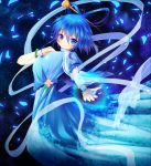  1girl bangle blue_dress blue_eyes blue_hair blush bracelet breasts closed_mouth dress floral_print flower hair_ornament hair_rings hair_stick jewelry kaku_seiga large_breasts looking_at_viewer outstretched_arm petals shawl smile solo star starry_background touhou wrist_cuffs z.o.b 