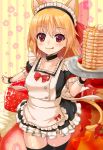  1girl :q alternate_costume animal_ears apron black_legwear blonde_hair blush cat_ears cat_tail choker dress enmaided fake_animal_ears floral_background food fruit hair_ribbon highres kemonomimi_mode looking_at_viewer maid maid_headdress pancake red_eyes ribbon rumia shiron_(e1na1e2lu2ne3ru3) short_hair short_sleeves smile solo strawberry striped striped_background tail thigh-highs tongue tongue_out touhou tray wrist_cuffs zettai_ryouiki 