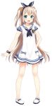  1girl :d arm_behind_back bare_arms bare_legs blonde_hair blue_eyes blush casual dress full_body hasumi_kazaka long_hair looking_at_viewer maid_to_partita official_art open_mouth sailor_dress scrunchie shima_(shima_je) shoes short_dress short_sleeves smile solo transparent_background twintails very_long_hair wrist_scrunchie 