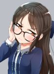  1girl adjusting_glasses bespectacled black_hair blush bow brown_eyes comah commentary_request face frown furrowed_eyebrows glasses hair_bow half_updo idolmaster idolmaster_cinderella_girls long_hair long_sleeves simple_background solo tachibana_arisu upper_body wavy_mouth 