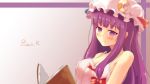  1girl blush book breasts camisole character_name cleavage crescent hat hat_ribbon highres large_breasts long_hair mob_cap patchouli_knowledge purple_hair reading ribbon rin_(ashleyy) see-through smile solo spaghetti_strap touhou violet_eyes 