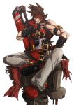  1boy bare_shoulders belt blonde_hair boots brown_hair commentary_request fang fingerless_gloves gloves guilty_gear guilty_gear_xrd hand_on_thigh headband highres long_hair male_focus muscle ponytail red_eyes sitting sol_badguy solo sword teeth vandana weapon 