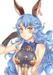  1girl absurdres animal_ears bare_shoulders black_gloves blue_hair blush breasts ferry_(granblue_fantasy) gloves granblue_fantasy highres jewelry long_hair looking_at_viewer pm_tii_(matuko1024) sideboob single_earring smile solo yellow_eyes 
