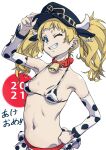  1girl 2021 animal_ears animal_print arad_baranga arm_up bell bikini blonde_hair blue_eyes breasts chinese_zodiac collar collarbone covered_nipples cow_horns cow_print cowbell detached_sleeves ear_tag fake_animal_ears hand_on_headwear hand_on_hip highres horns horns_through_headwear large_breasts long_hair medium_breasts navel neck_bell one_eye_closed red_collar shingeki_no_bahamut simple_background skirt smile solo swimsuit teeth twintails white_background white_horns year_of_the_ox 