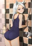  1girl absurdres animal_ears ass back blue_eyes breasts cat_ears earrings fake_animal_ears highres jewelry long_hair looking_at_viewer one-piece_swimsuit original oxxo_(dlengur) school_swimsuit shower smile solo swimsuit white_hair 