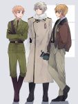  3boys america_(hetalia) axis_powers_hetalia black_gloves blonde_hair crossed_arms eyebrows full_body gloves green_eyes grey_background grey_eyes hand_in_pocket highres hita_(hitapita) jacket light_smile looking_at_another male_focus military military_uniform multiple_boys open_clothes open_jacket russia_(hetalia) scarf silver_hair thick_eyebrows uniform united_kingdom_(hetalia) window 