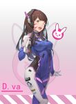  1girl ;d absurdres bodysuit breasts brown_eyes brown_hair character_name covered_navel covered_nipples d.va_(overwatch) facial_mark gun handgun highres long_hair one_eye_closed open_mouth overwatch pistol sanyuejiuri smile solo taut_clothes weapon whisker_markings 