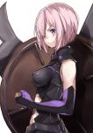  1girl absurdres armor breasts elbow_gloves fate/grand_order fate_(series) gloves hair_over_one_eye highres purple_hair shield shielder_(fate/grand_order) short_hair simple_background smile solo violet_eyes wachiroku_(masakiegawa86) white_background 