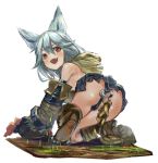  1girl :d all_fours animal_ears ass bangs bare_shoulders black_panties black_skirt blush boots brown_boots cat_ears claws erun_(granblue_fantasy) fangs from_behind granblue_fantasy grass grey_hair hair_between_eyes long_hair microskirt open_mouth p-rus panties red_eyes sen_(granblue_fantasy) simple_background skirt smile solo teeth underwear white_background 