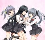  3girls :d aqua_eyes asashio_(kantai_collection) bow bowtie brown_eyes commentary_request dress girl_sandwich hair_bow hair_ribbon kantai_collection kasumi_(kantai_collection) long_hair md5_mismatch multiple_girls ooshio_(kantai_collection) open_mouth pinafore_dress pleated_skirt remodel_(kantai_collection) ribbon sandwiched school_uniform side_ponytail silver_hair skirt smile tk8d32 twintails 