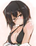  1girl bare_shoulders bikini bikini_top black_bikini black_hair blush breasts brown_eyes choker cleavage cowboy_shot frown girls_und_panzer kawashima_momo looking_at_viewer monocle short_hair sketch solo sweatdrop swimsuit undressing yumesato_makura 