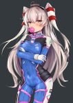  1girl absurdres alternate_costume amatsukaze_(kantai_collection) bangs blush bodysuit breasts bubblegum character_print cosplay covered_navel cowboy_shot crossed_arms d.va_(overwatch) d.va_(overwatch)_(cosplay) gloves gum hair_between_eyes highres kantai_collection long_hair long_sleeves looking_at_viewer medium_breasts mouth_hold overwatch silver_hair simple_background sketch skin_tight slm solo thigh_strap two_side_up very_long_hair white_gloves windsock yellow_eyes 
