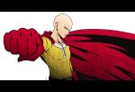  1boy bald black_eyes cape chris_re5 clenched_hand foreshortening gloves highres letterboxed male_focus one-punch_man red_gloves saitama_(one-punch_man) serious signature solo upper_body zipper 