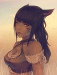  1girl animal_ears bare_shoulders black_hair breasts brown_eyes cat_ears cleavage facial_mark final_fantasy final_fantasy_xiv freckles long_hair miqo&#039;te scar slit_pupils solo soranamae 