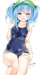  1girl arm_at_side bare_shoulders blue_hair blue_swimsuit blush breasts covered_navel eyebrows eyebrows_visible_through_hair green_hat hair_bobbles hair_ornament hand_on_own_thigh hat highres kawashiro_nitori looking_at_viewer maremay0513 medium_breasts one-piece_swimsuit open_mouth sidelocks signature simple_background skin_tight solo swimsuit touhou two_side_up water_drop wet white_background 