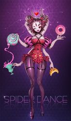  1girl black_hair bow candlefish croissant doughnut english extra_arms fang food garter_straps hair_bow hands_up heart looking_at_viewer monster_girl muffet one_eye_closed open_mouth pouring puffy_sleeves red_eyes silk solo spider_web standing teapot thigh_gap undertale 