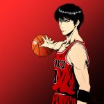  1boy armband basketball basketball_uniform black_eyes black_hair chris_re5 collarbone crosshatching gradient gradient_background highres holding_ball looking_at_viewer male_focus outstretched_arm red_background rukawa_kaede slam_dunk solo sportswear upper_body 