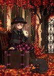  1girl autumn_leaves bench black_bow black_hat boots bow brown_boots brown_hair capelet cat closed_mouth cross-laced_footwear cup dress gate hair_between_eyes hat holding holding_cup light long_hair original outdoors pink_dress pink_eyes plaid plaid_dress sitting smile solo suitcase tozaki_makoto window 