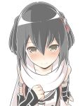  1girl bare_shoulders black_hair blush brown_eyes buttons commentary_request elbow_gloves fingerless_gloves gloves hair_between_eyes hair_ornament kantai_collection looking_at_viewer masupa_kiriu neckerchief remodel_(kantai_collection) scarf school_uniform sendai_(kantai_collection) serafuku simple_background smile solo two_side_up white_background white_scarf 
