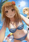  3girls bikini blonde_hair brown_eyes brown_hair from_below green_eyes kentaurosu long_hair looking_at_viewer multiple_girls original pov purple_hair short_hair sun swimsuit umbrella 