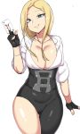  1girl ass_visible_through_thighs black_pants blonde_hair blue_eyes breasts card cleavage closers corset fingerless_gloves gloves harpy_(closers) large_breasts long_hair looking_at_viewer mismatched_legwear pants playing_card smile smirk solo thigh_gap urec 