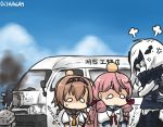  3girls akashi_(kantai_collection) anger_vein ascot bandana black_dress boots braid brown_hair car character_name chou-10cm-hou-chan chou-10cm-hou-chan_(teruzuki&#039;s) commentary covered_mouth dated dress flying_sweatdrops ground_vehicle hair_ribbon hairband hamu_koutarou head_bump kantai_collection light_brown_hair long_hair motor_vehicle multiple_girls ne-class_heavy_cruiser pink_hair propeller_hair_ornament ribbon school_uniform seiyuu_connection serafuku shinkaisei-kan short_dress smoke solid_circle_eyes sweat tearing_up teruzuki_(kantai_collection) thigh-highs thigh_boots translated tress_ribbon twin_braids white_hair 