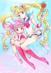  2girls :o aqua_background bishoujo_senshi_sailor_moon blonde_hair blue_eyes boots bow brooch bubble chibi_usa choker crescent crescent_earrings double_bun earrings elbow_gloves full_body gloves hair_ornament hairpin happy_birthday highres jewelry katou_sami knee_boots long_hair looking_at_viewer magical_girl multiple_girls pink_boots pink_eyes pink_hair pleated_skirt red_boots red_bow sailor_chibi_moon sailor_collar sailor_moon sailor_senshi short_hair skirt smile spiral_heart_moon_rod super_sailor_chibi_moon super_sailor_moon tsukino_usagi twintails white_gloves 